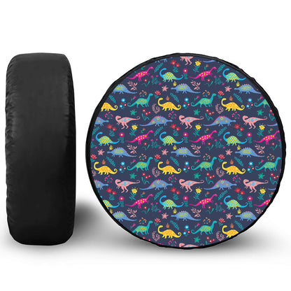 Cute Dino Floral Pattern Print Leather Spare Tire Cover