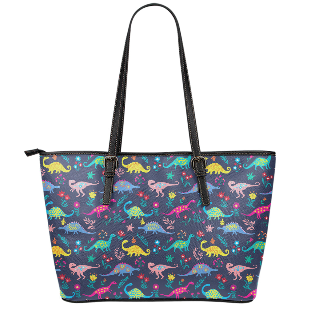 Cute Dino Floral Pattern Print Leather Tote Bag