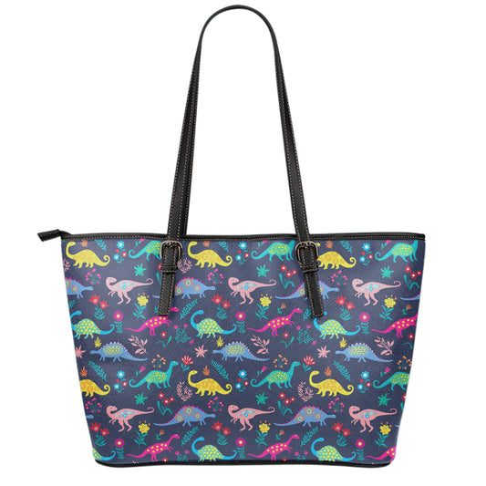 Cute Dino Floral Pattern Print Leather Tote Bag