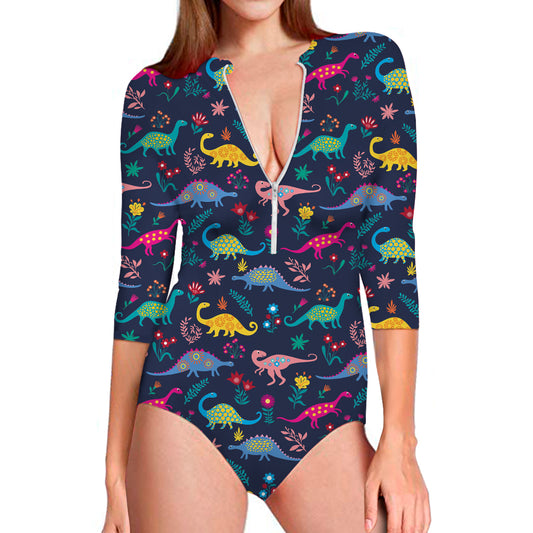 Cute Dino Floral Pattern Print Long Sleeve Swimsuit