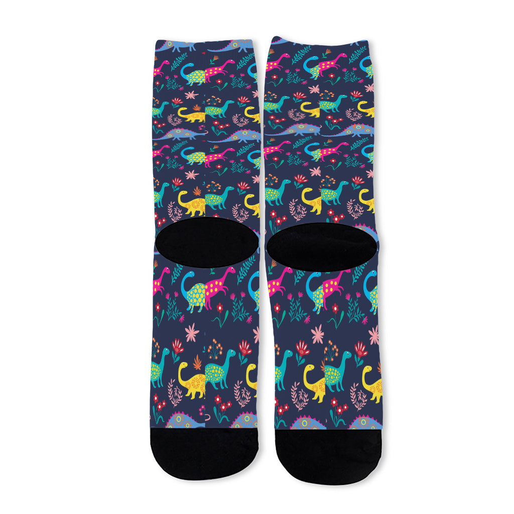 Cute Dino Floral Pattern Print Long Socks