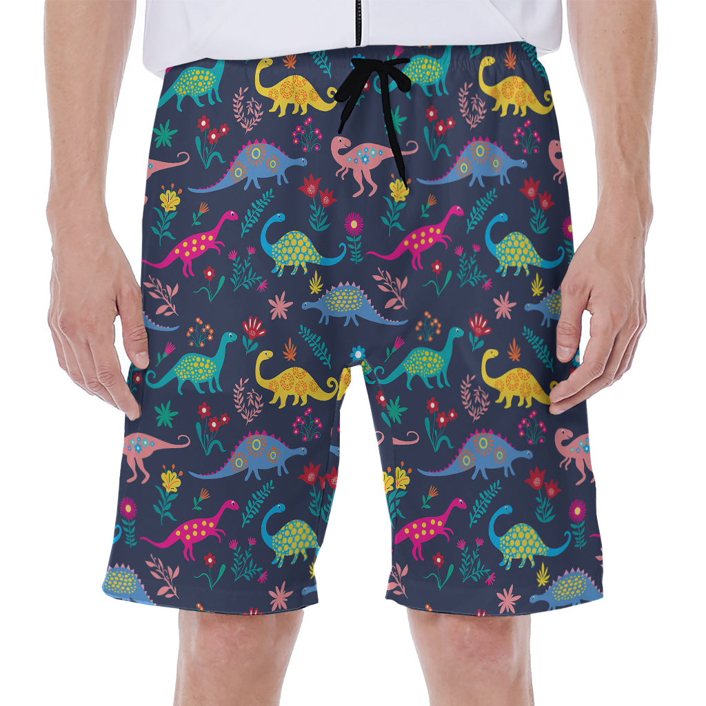 Cute Dino Floral Pattern Print Men's Beach Shorts