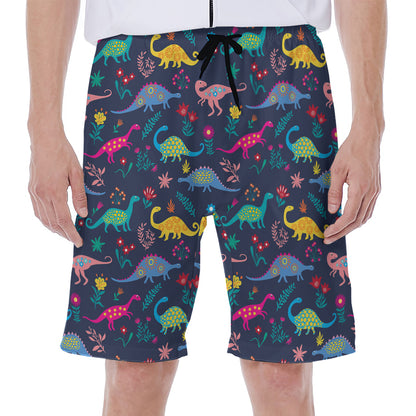 Cute Dino Floral Pattern Print Men's Beach Shorts