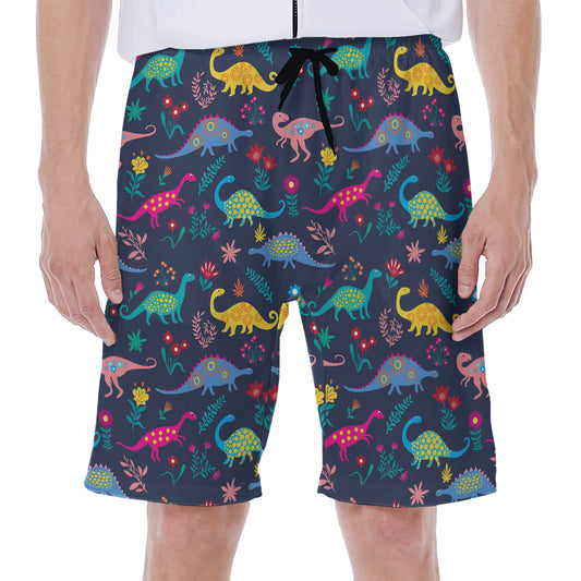 Cute Dino Floral Pattern Print Men's Beach Shorts