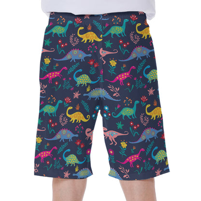 Cute Dino Floral Pattern Print Men's Beach Shorts
