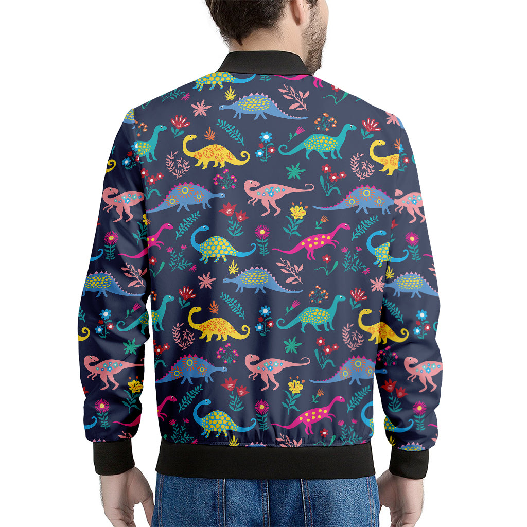 Cute Dino Floral Pattern Print Men's Bomber Jacket