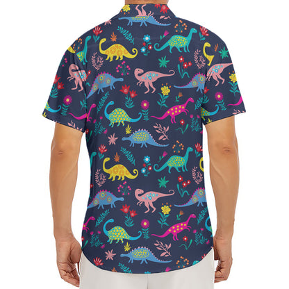 Cute Dino Floral Pattern Print Men's Deep V-Neck Shirt