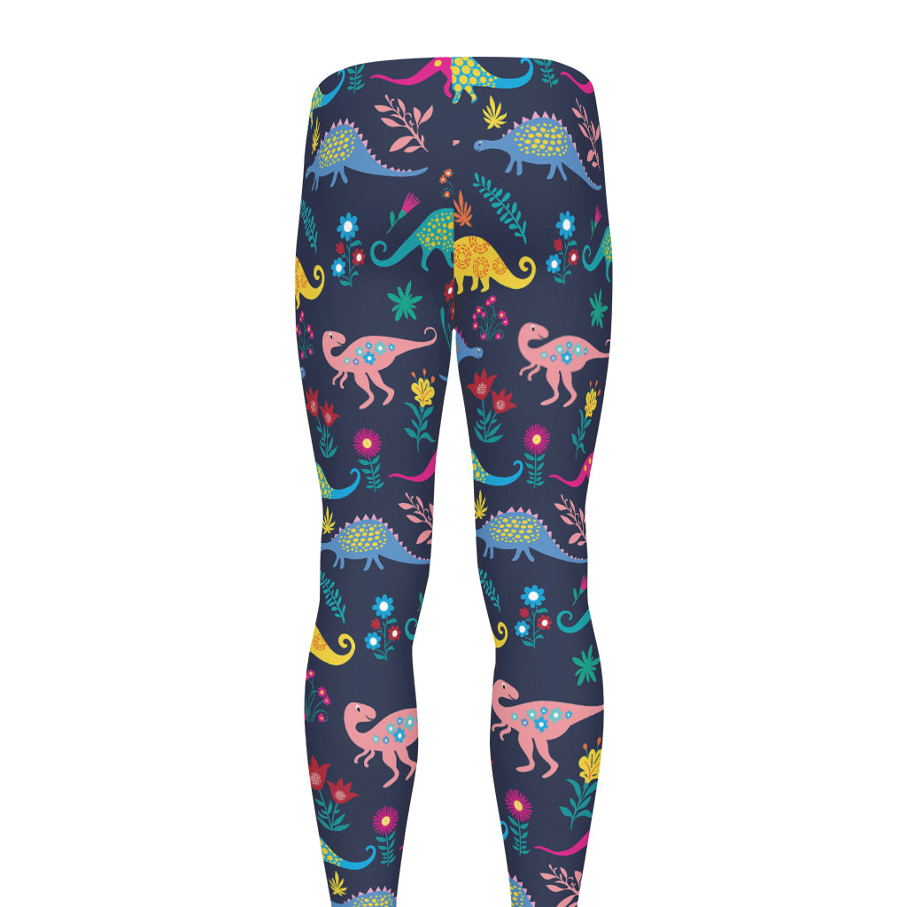 Cute Dino Floral Pattern Print Men's leggings