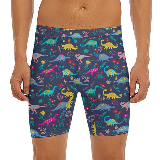 Cute Dino Floral Pattern Print Men's Long Boxer Briefs