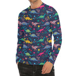 Cute Dino Floral Pattern Print Men's Long Sleeve Rash Guard