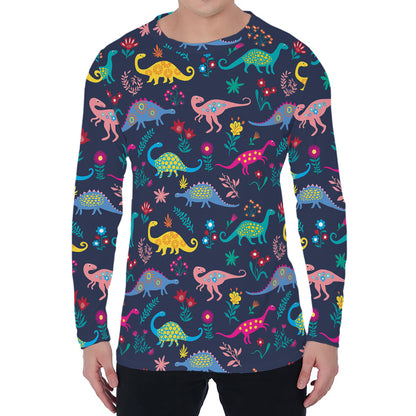 Cute Dino Floral Pattern Print Men's Long Sleeve T-Shirt