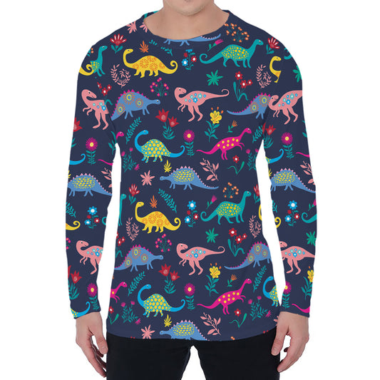 Cute Dino Floral Pattern Print Men's Long Sleeve T-Shirt
