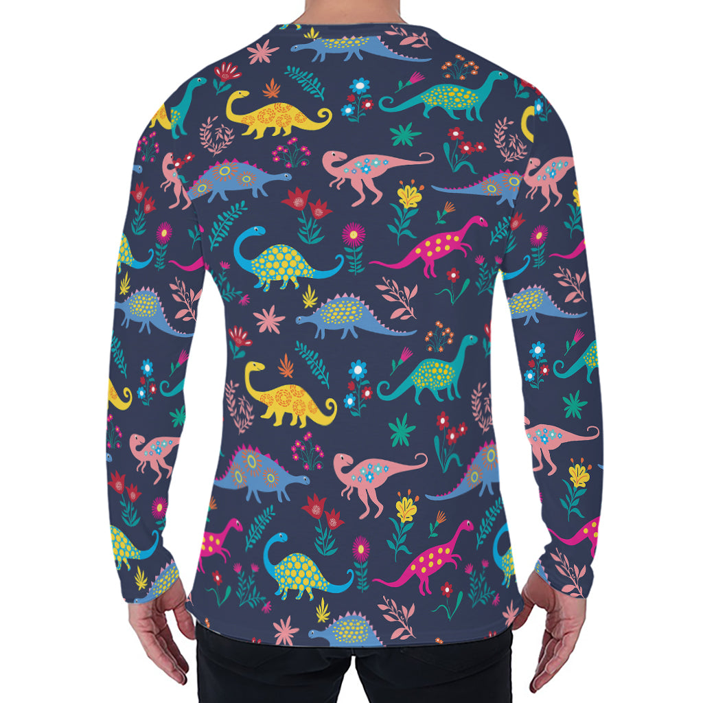 Cute Dino Floral Pattern Print Men's Long Sleeve T-Shirt