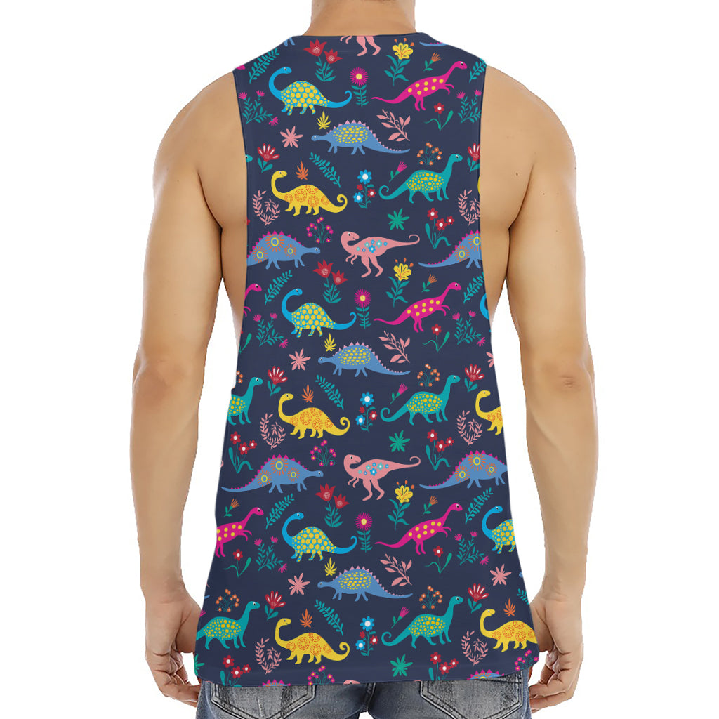Cute Dino Floral Pattern Print Men's Muscle Tank Top