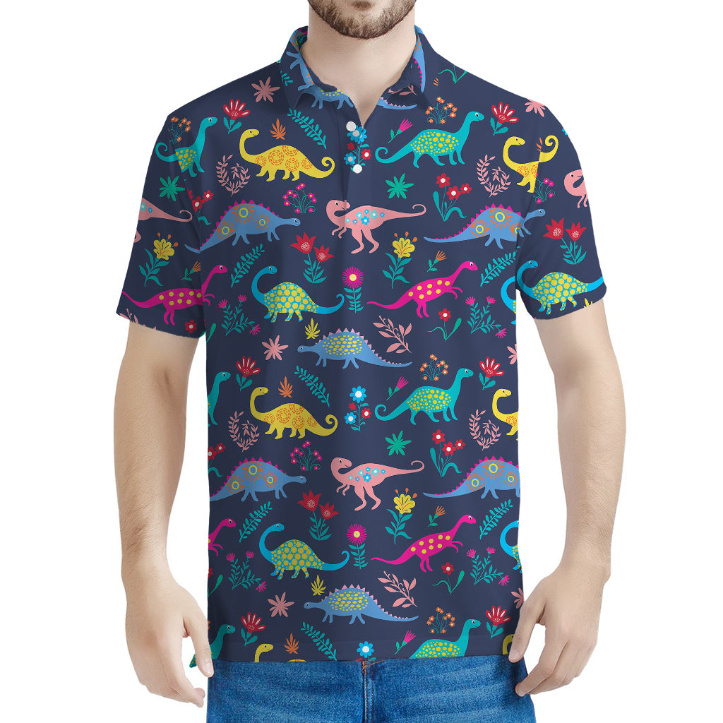 Cute Dino Floral Pattern Print Men's Polo Shirt