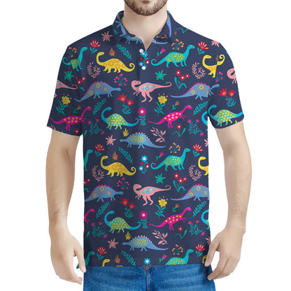 Cute Dino Floral Pattern Print Men's Polo Shirt