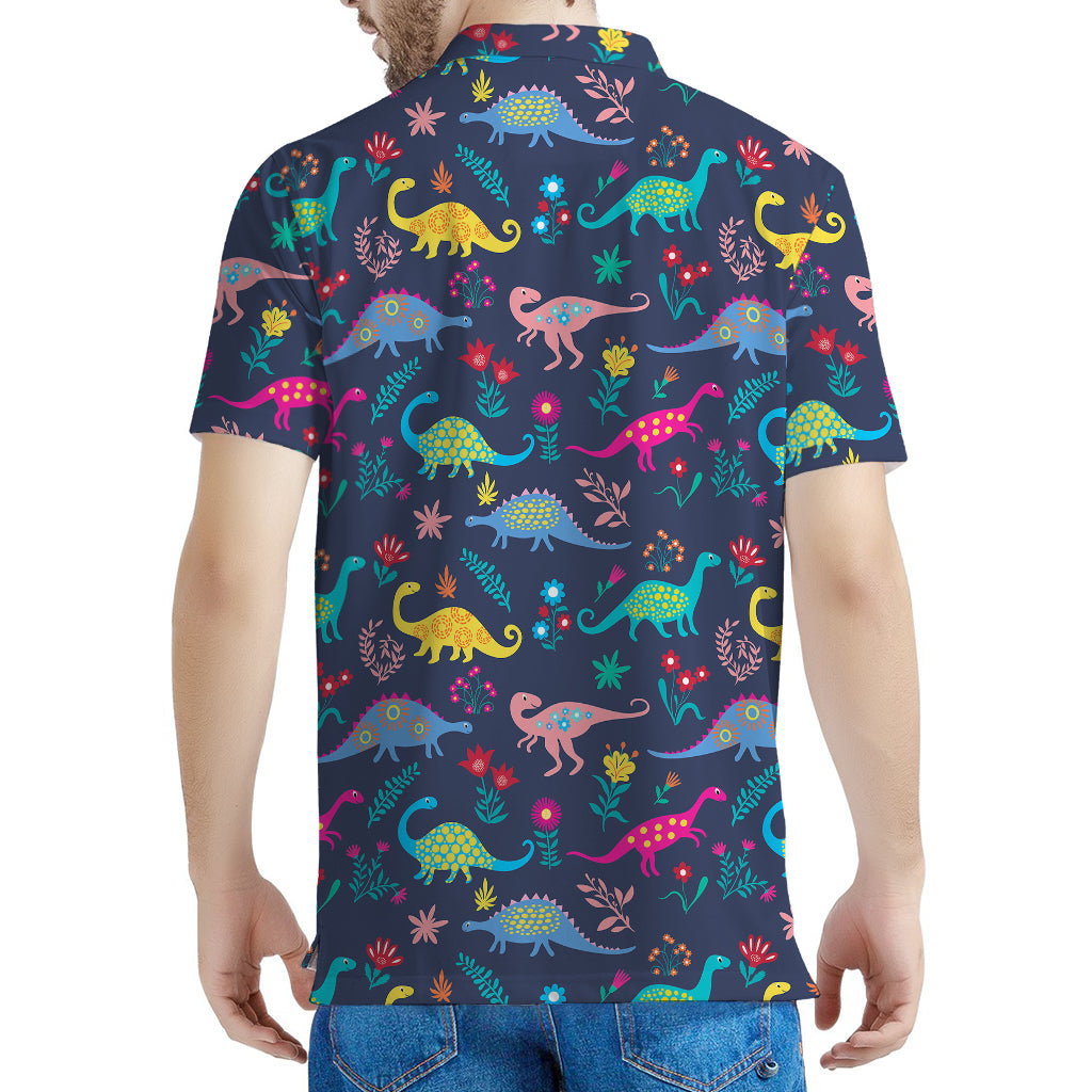 Cute Dino Floral Pattern Print Men's Polo Shirt