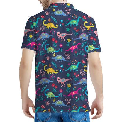 Cute Dino Floral Pattern Print Men's Polo Shirt