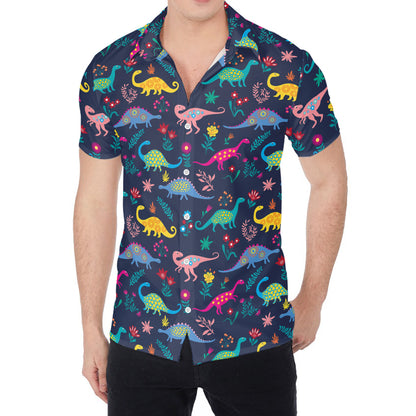 Cute Dino Floral Pattern Print Men's Shirt