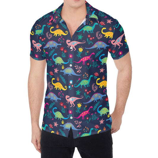Cute Dino Floral Pattern Print Men's Shirt