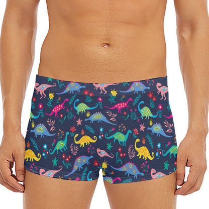 Cute Dino Floral Pattern Print Men's Short Boxer Briefs