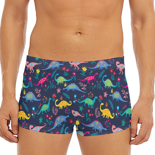 Cute Dino Floral Pattern Print Men's Short Boxer Briefs
