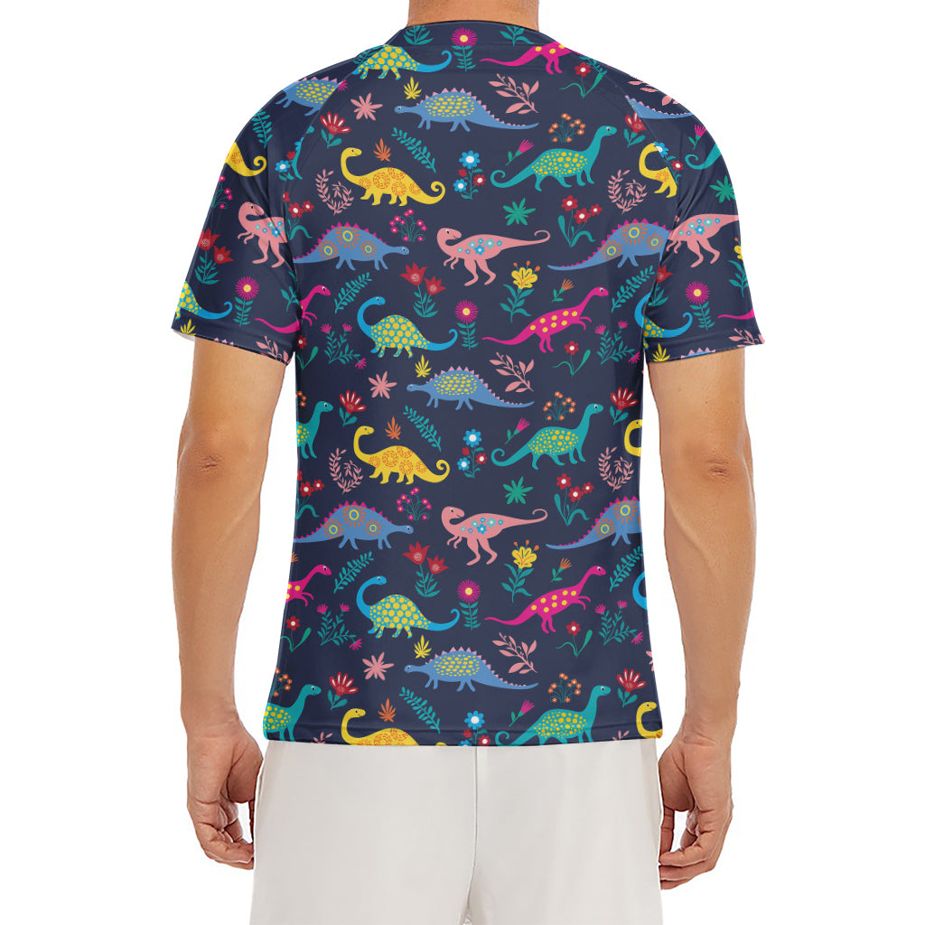 Cute Dino Floral Pattern Print Men's Short Sleeve Rash Guard