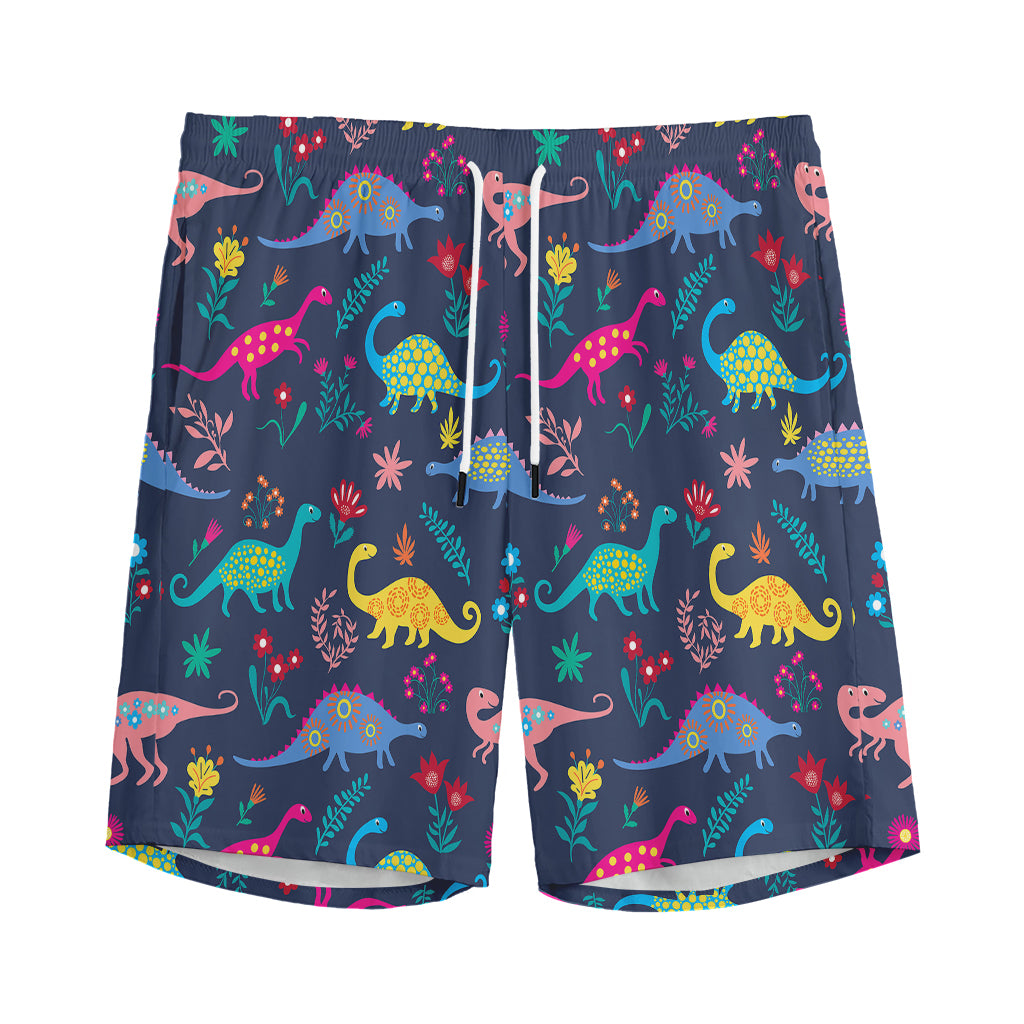Cute Dino Floral Pattern Print Men's Sports Shorts