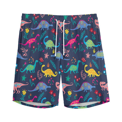 Cute Dino Floral Pattern Print Men's Sports Shorts