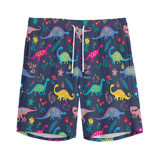Cute Dino Floral Pattern Print Men's Sports Shorts