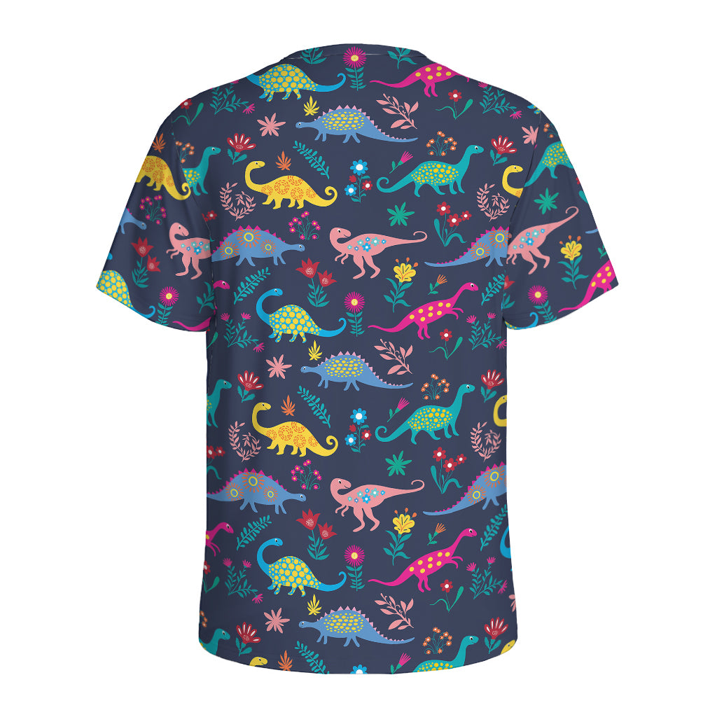 Cute Dino Floral Pattern Print Men's Sports T-Shirt