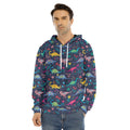 Cute Dino Floral Pattern Print Men's Velvet Pullover Hoodie