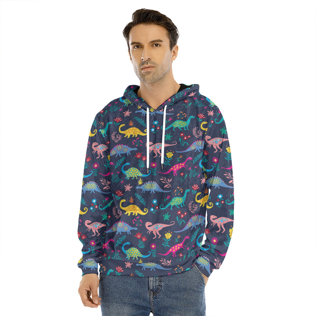 Cute Dino Floral Pattern Print Men's Velvet Pullover Hoodie