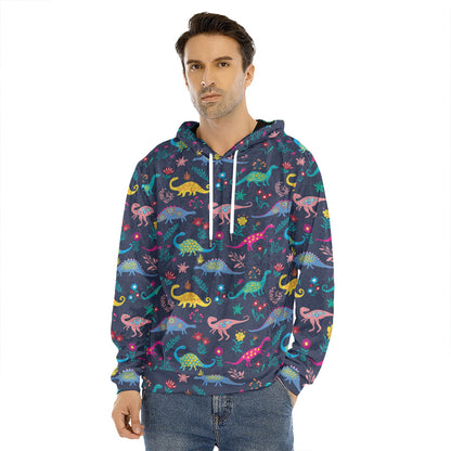 Cute Dino Floral Pattern Print Men's Velvet Pullover Hoodie