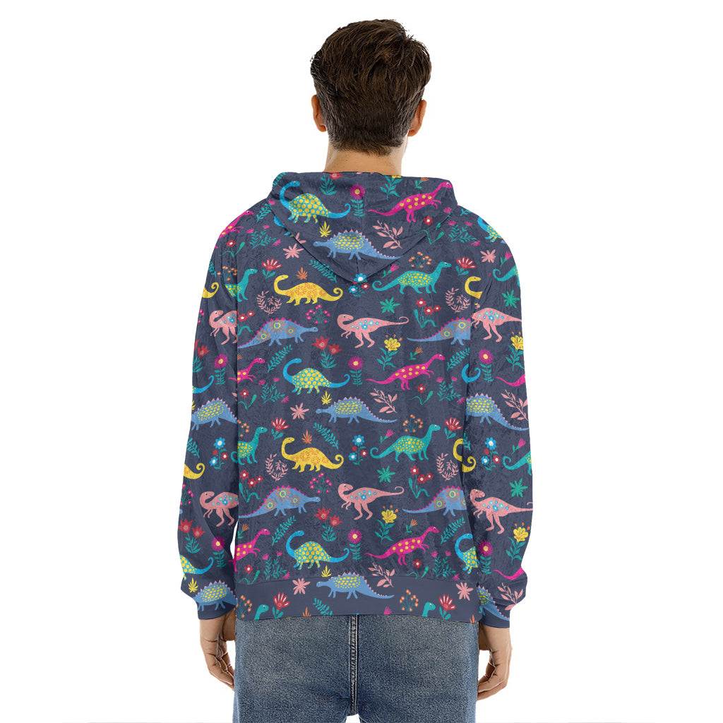 Cute Dino Floral Pattern Print Men's Velvet Pullover Hoodie