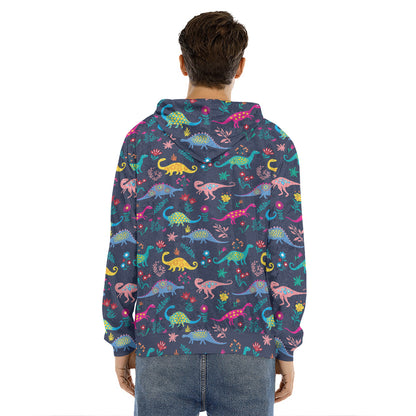 Cute Dino Floral Pattern Print Men's Velvet Pullover Hoodie