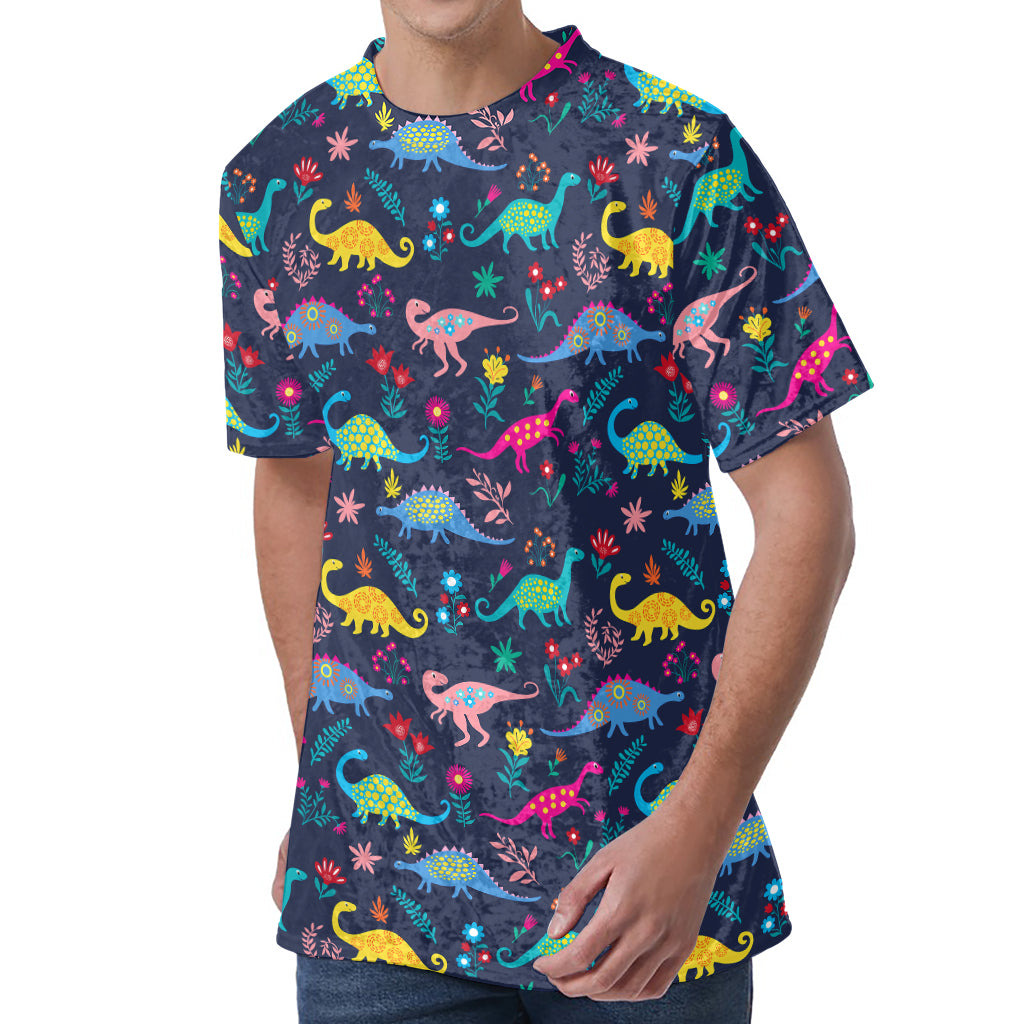 Cute Dino Floral Pattern Print Men's Velvet T-Shirt