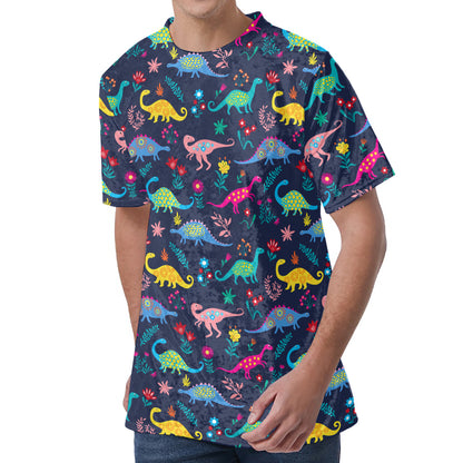 Cute Dino Floral Pattern Print Men's Velvet T-Shirt