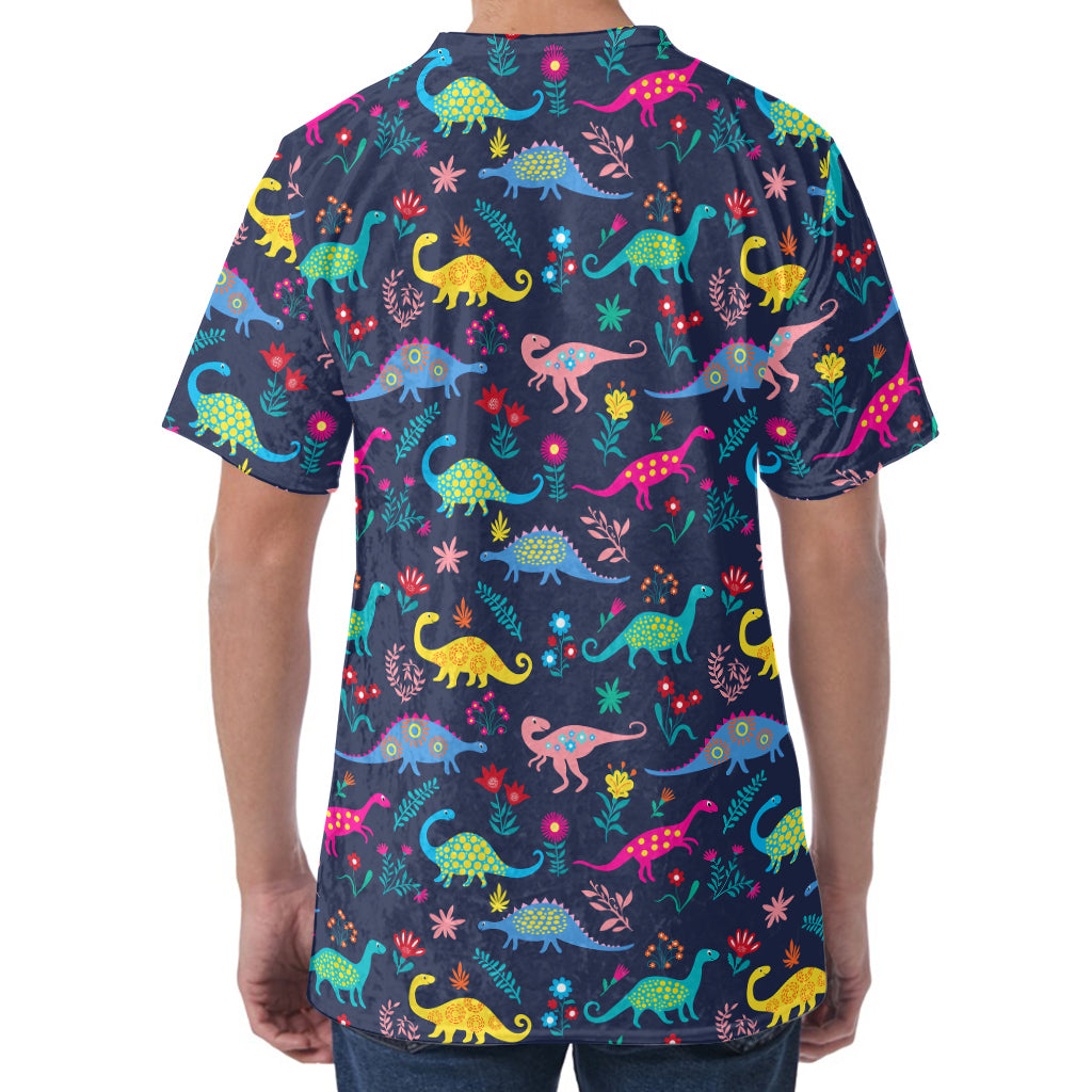 Cute Dino Floral Pattern Print Men's Velvet T-Shirt