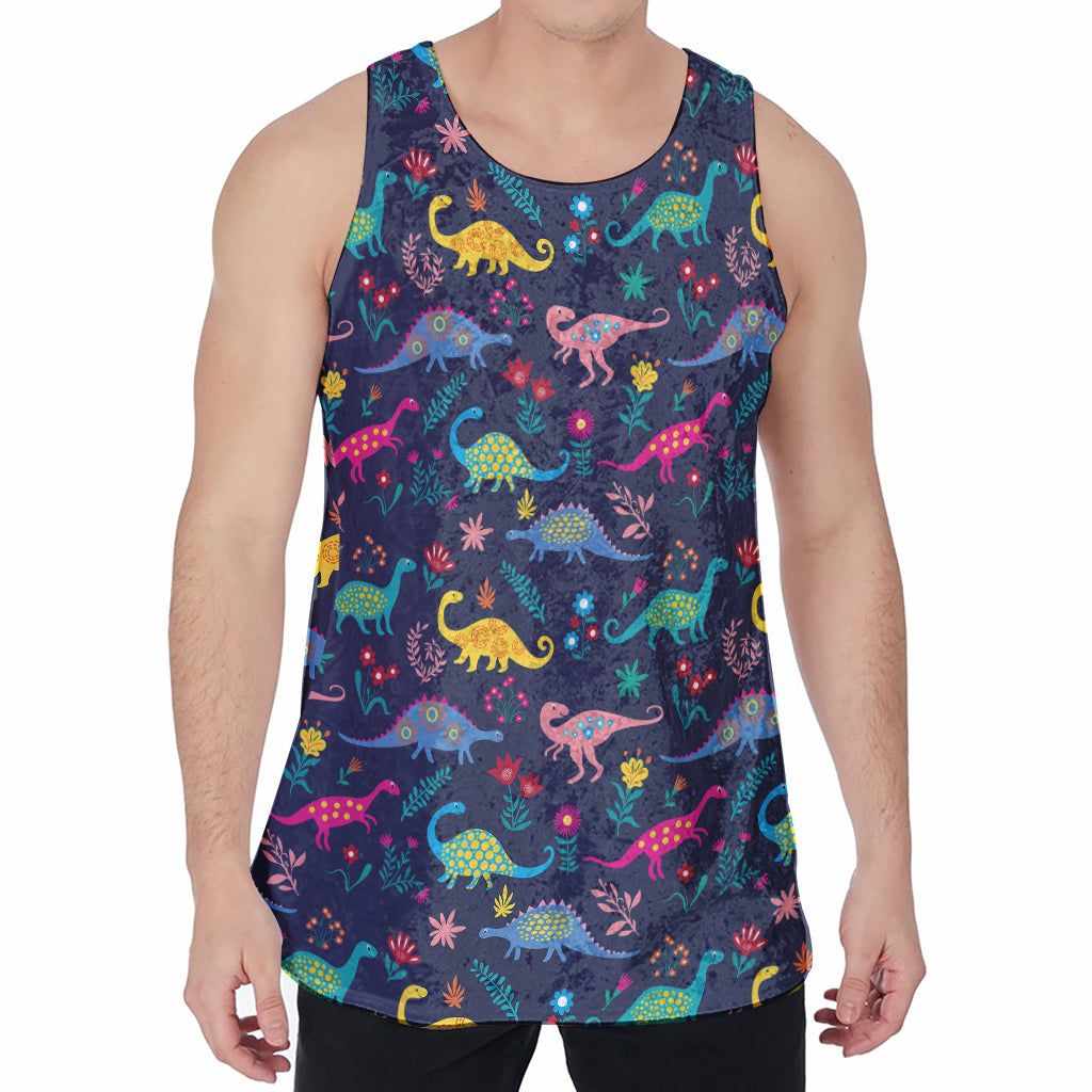 Cute Dino Floral Pattern Print Men's Velvet Tank Top