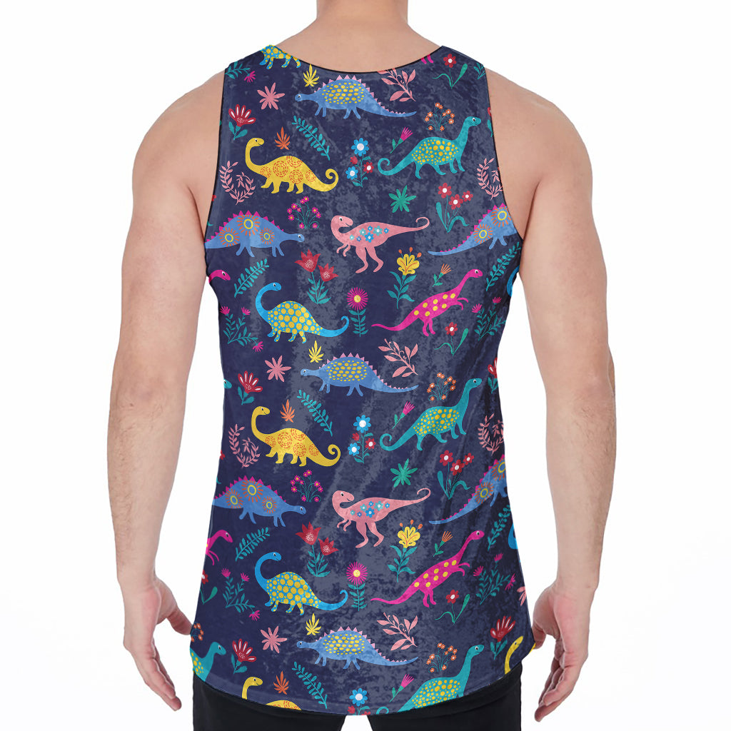 Cute Dino Floral Pattern Print Men's Velvet Tank Top
