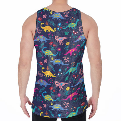 Cute Dino Floral Pattern Print Men's Velvet Tank Top