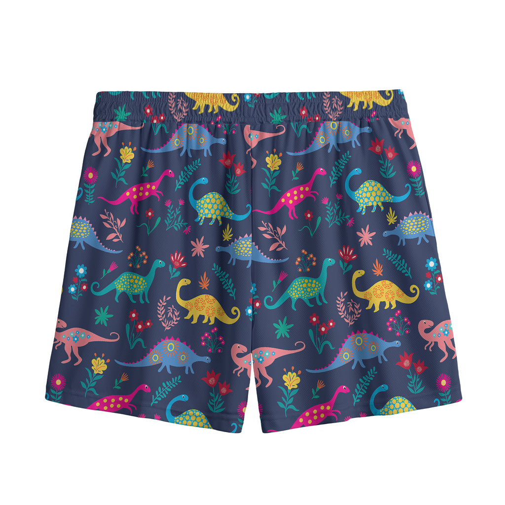 Cute Dino Floral Pattern Print Mesh Shorts