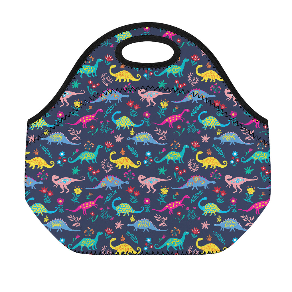 Cute Dino Floral Pattern Print Neoprene Lunch Bag