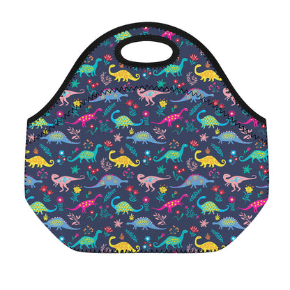 Cute Dino Floral Pattern Print Neoprene Lunch Bag