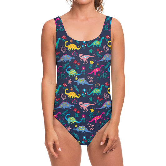 Cute Dino Floral Pattern Print One Piece Swimsuit