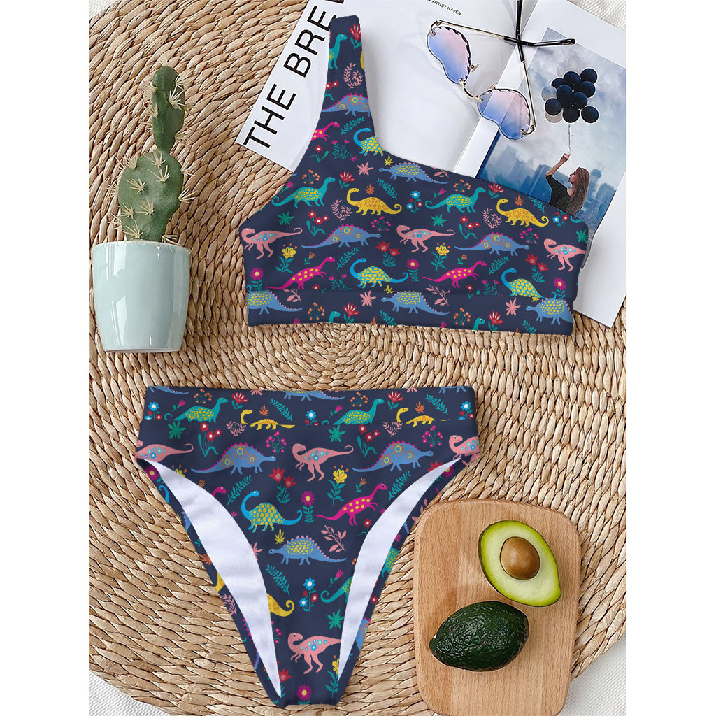 Cute Dino Floral Pattern Print One Shoulder Bikini Top