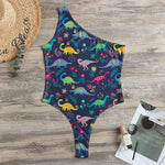 Cute Dino Floral Pattern Print One Shoulder Bodysuit