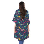 Cute Dino Floral Pattern Print Open Front Beach Cover Up