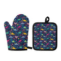 Cute Dino Floral Pattern Print Oven Mitt And Pot Holder Set